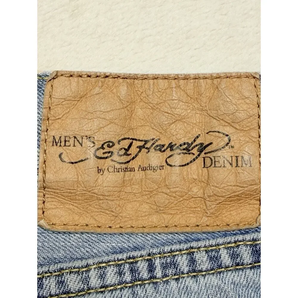 Ed Hardy Mens 33x32 Christian Audigier Embroidered Light Wash Straight Jeans